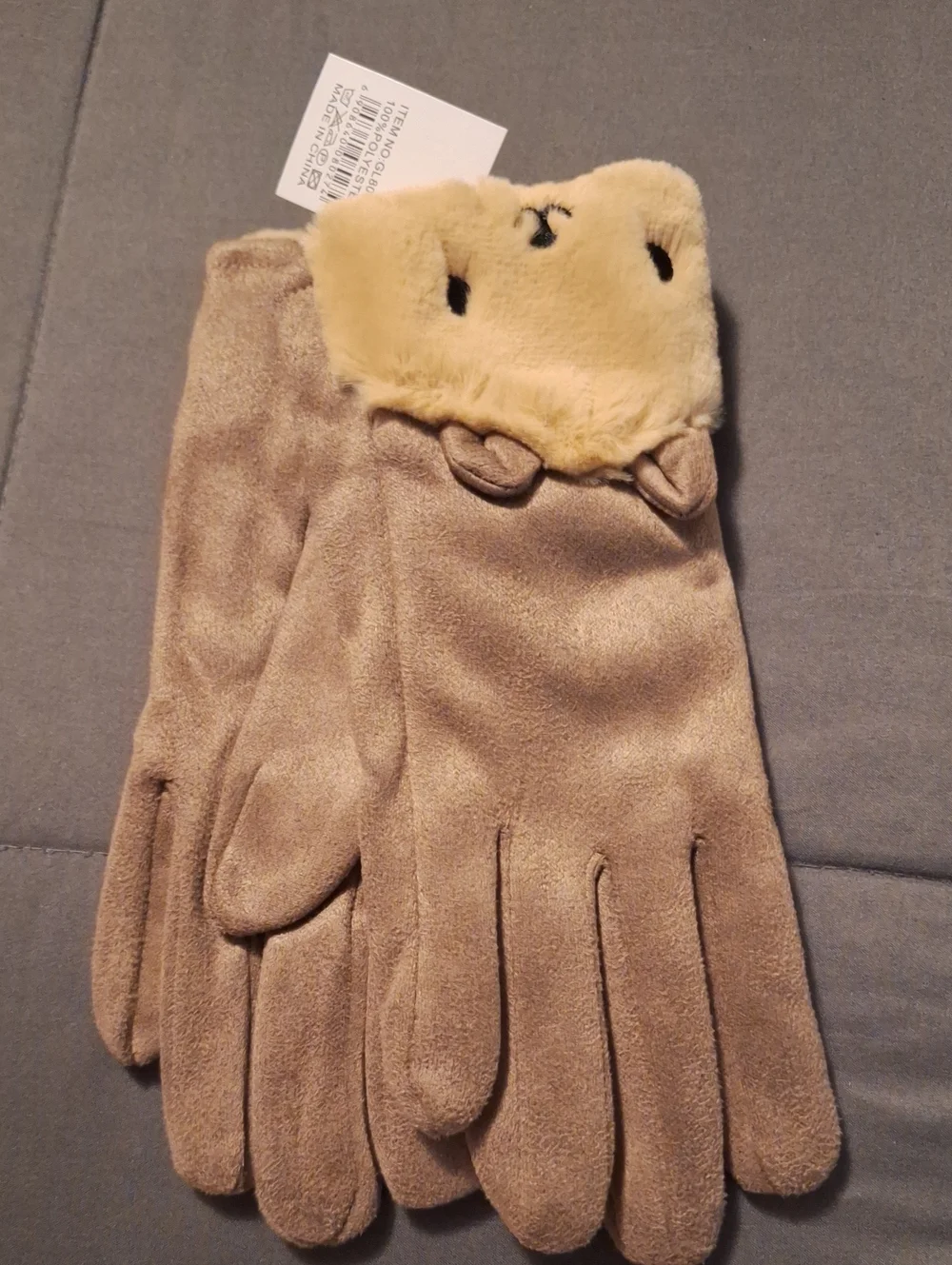 Source Unknown Faux Suede Brown Gloves with Cream Plush Cuff